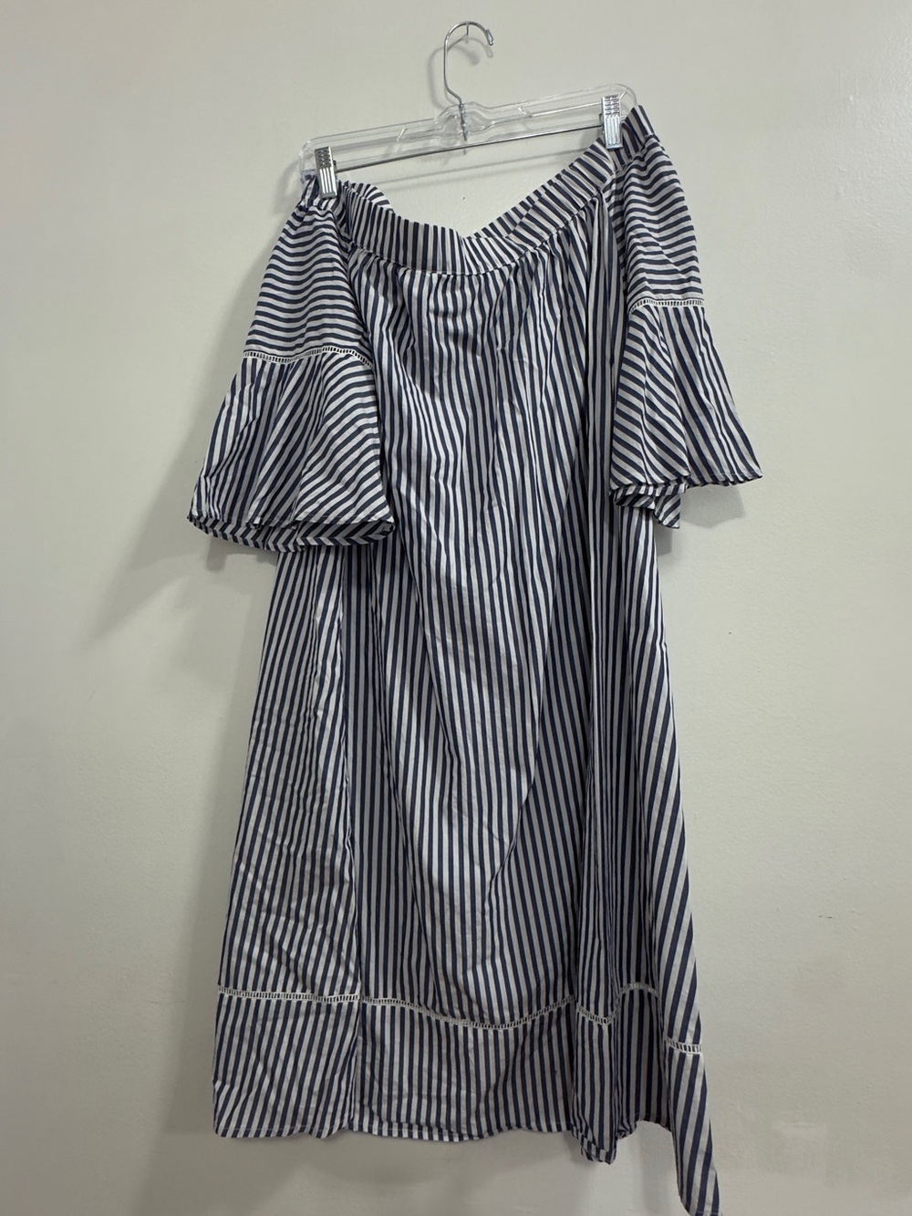 Donna Ricco Navy and White Striped Off-the-Shoulder Mini Dress